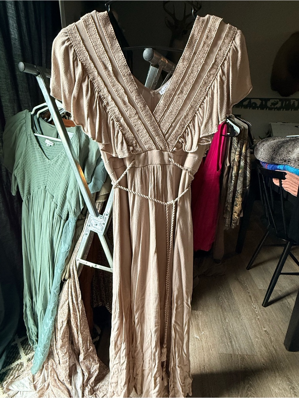 Baltic Born Beige Midi Dress with Ruffled V-Neck and Waist Tie
